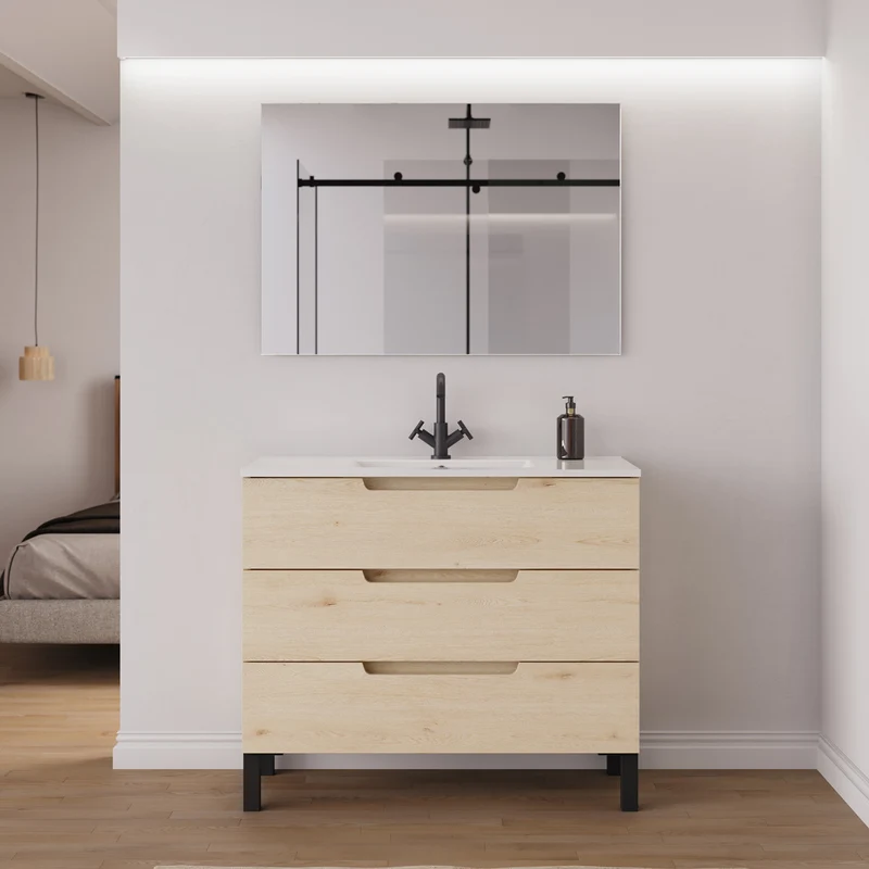 Meuble de salle de bain 90cm simple vasque - 3 tiroirs - RIZA