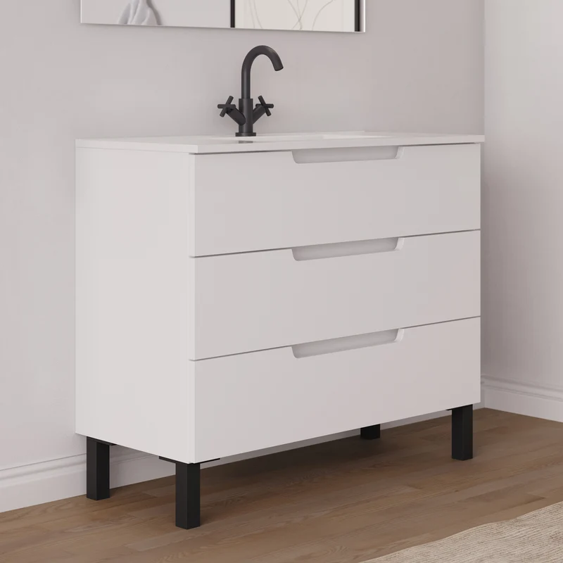 Meuble de salle de bain 90cm simple vasque - 3 tiroirs - RIZA