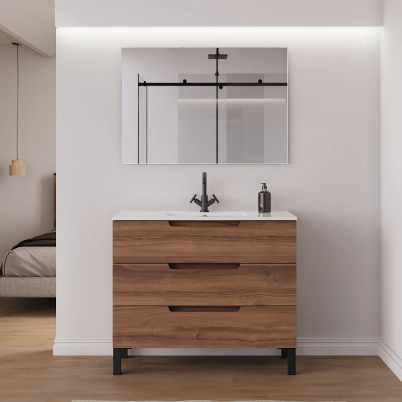 Meuble de salle de bain 90cm simple vasque - 3 tiroirs - RIZA