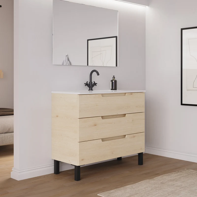 Meuble de salle de bain 90cm simple vasque - 3 tiroirs - RIZA