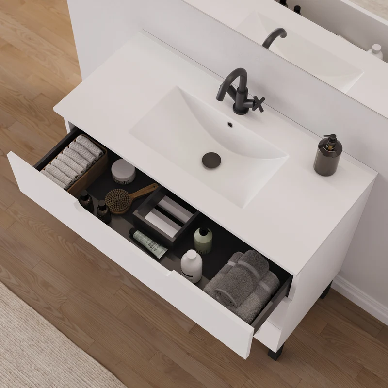 Meuble de salle de bain 90cm simple vasque - 3 tiroirs - RIZA