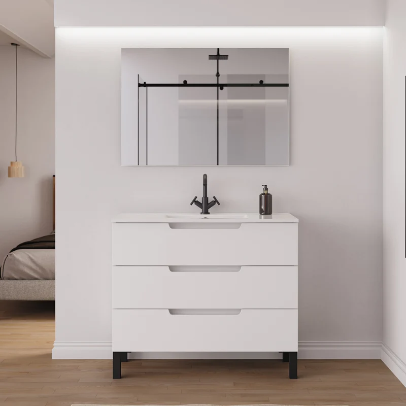 Meuble de salle de bain 90cm simple vasque - 3 tiroirs - RIZA