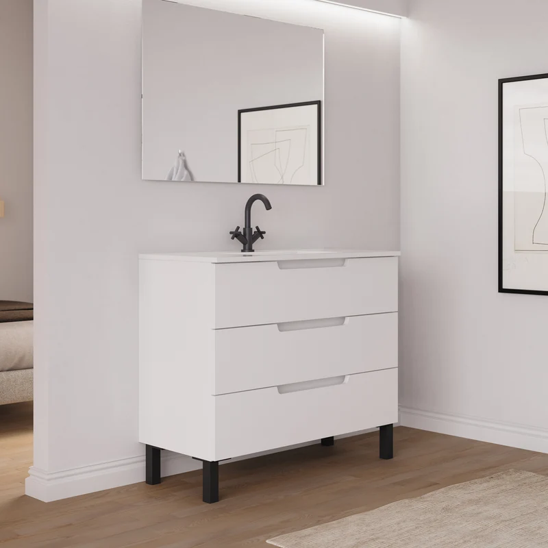 Meuble de salle de bain 90cm simple vasque - 3 tiroirs - RIZA