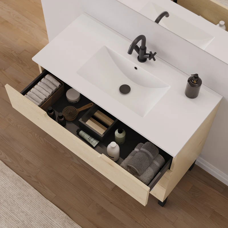 Meuble de salle de bain 90cm simple vasque - 3 tiroirs - RIZA