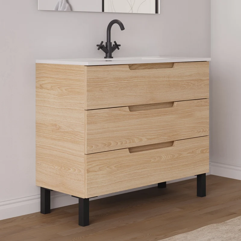 Meuble de salle de bain 90cm simple vasque - 3 tiroirs - RIZA