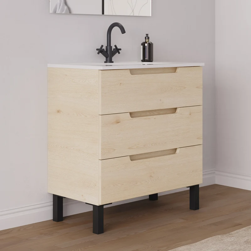 Meuble de salle de bain 80cm simple vasque - 3 tiroirs - RIZA