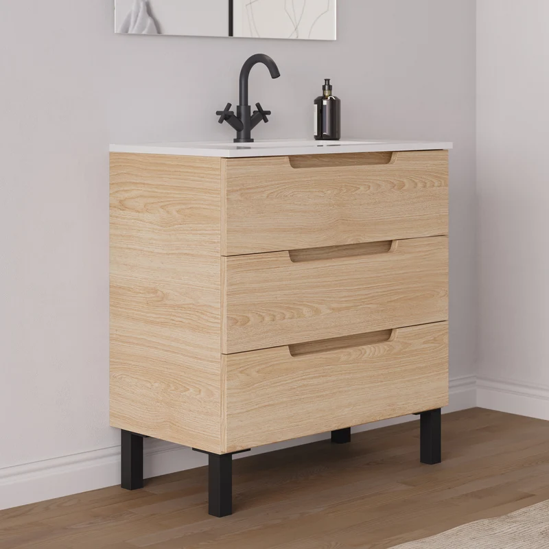 Meuble de salle de bain 80cm simple vasque - 3 tiroirs - RIZA