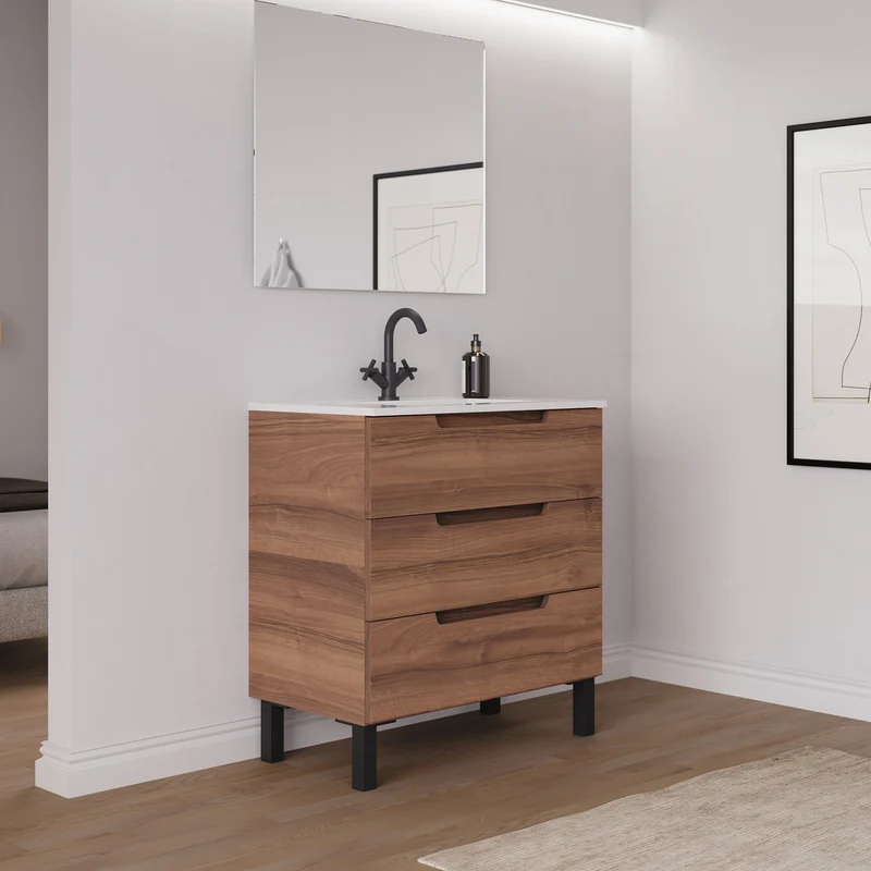 Meuble de salle de bain 80cm simple vasque - 3 tiroirs - RIZA