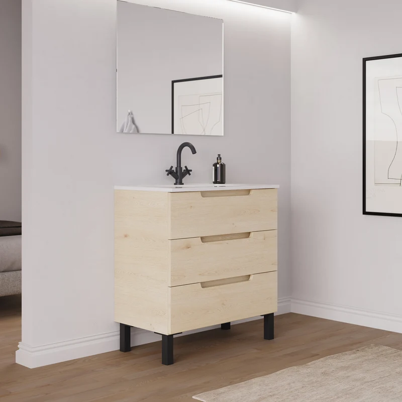 Meuble de salle de bain 80cm simple vasque - 3 tiroirs - RIZA