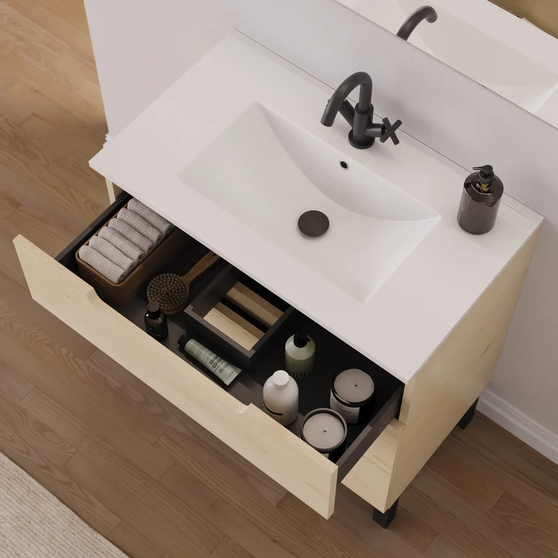 Meuble de salle de bain 80cm simple vasque - 3 tiroirs - RIZA
