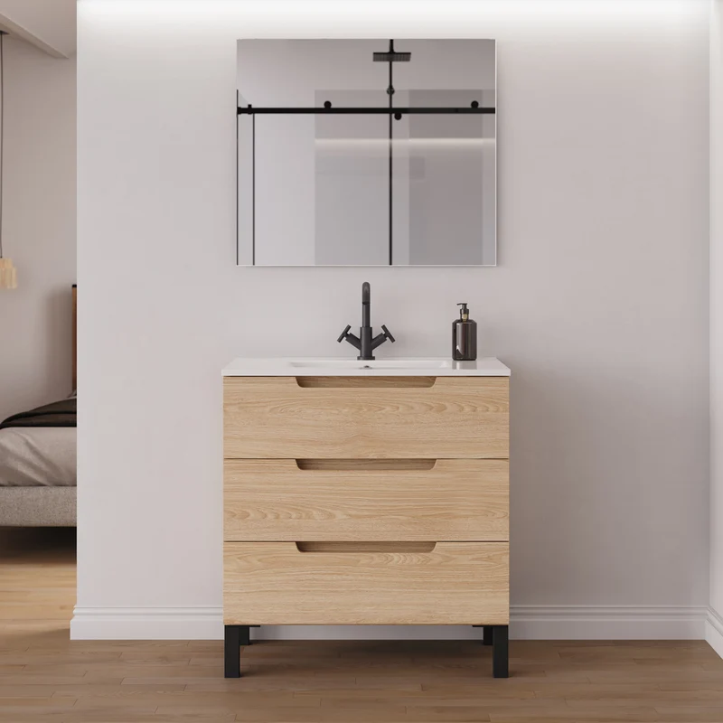 Meuble de salle de bain 80cm simple vasque - 3 tiroirs - RIZA