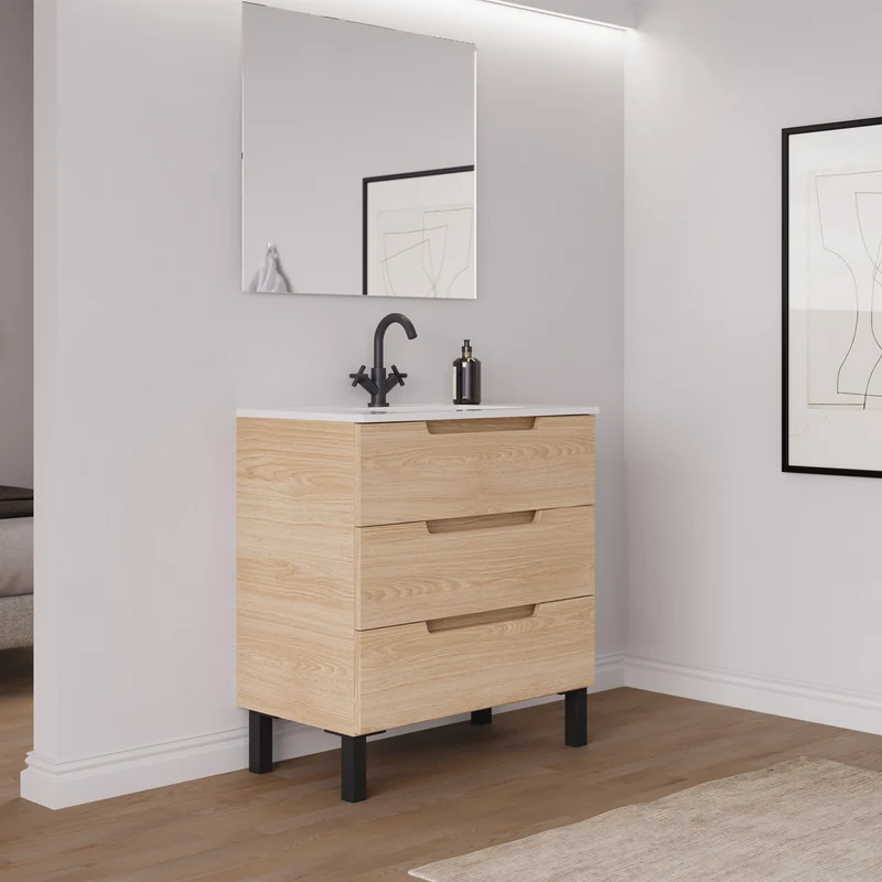 Meuble de salle de bain 80cm simple vasque - 3 tiroirs - RIZA