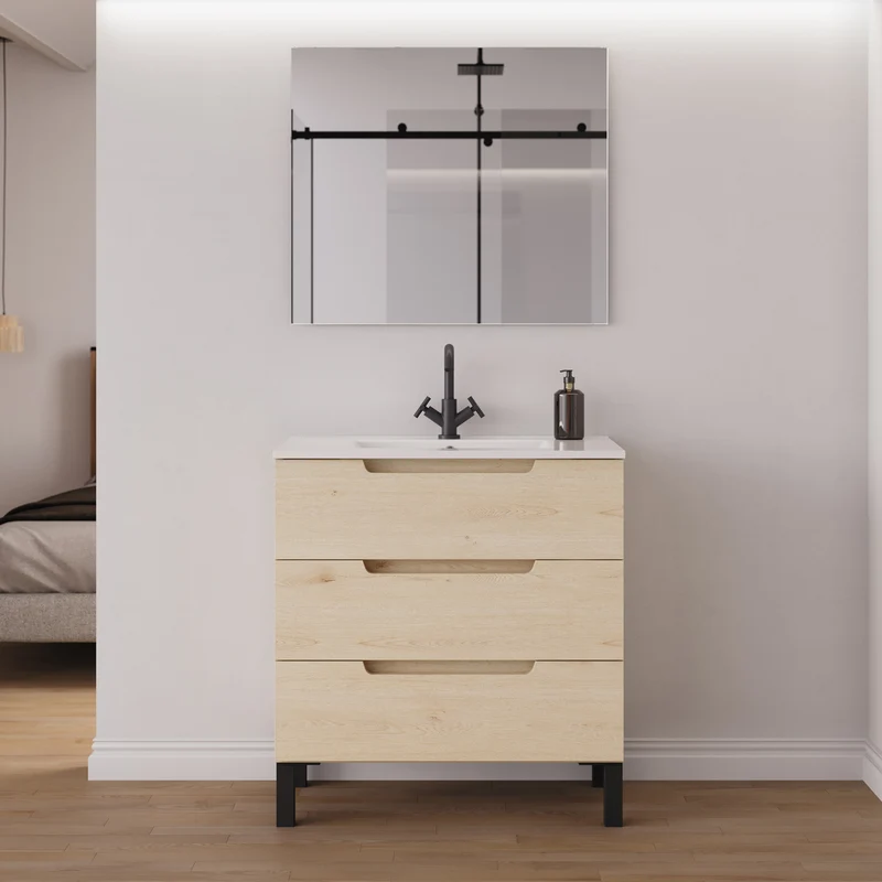 Meuble de salle de bain 80cm simple vasque - 3 tiroirs - RIZA