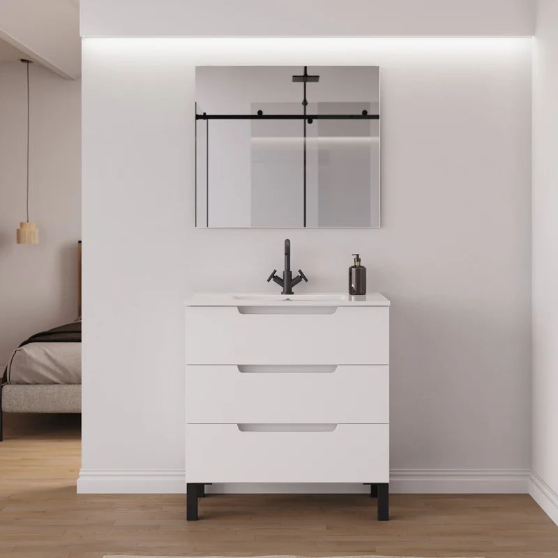 Meuble de salle de bain 80cm simple vasque - 3 tiroirs - RIZA
