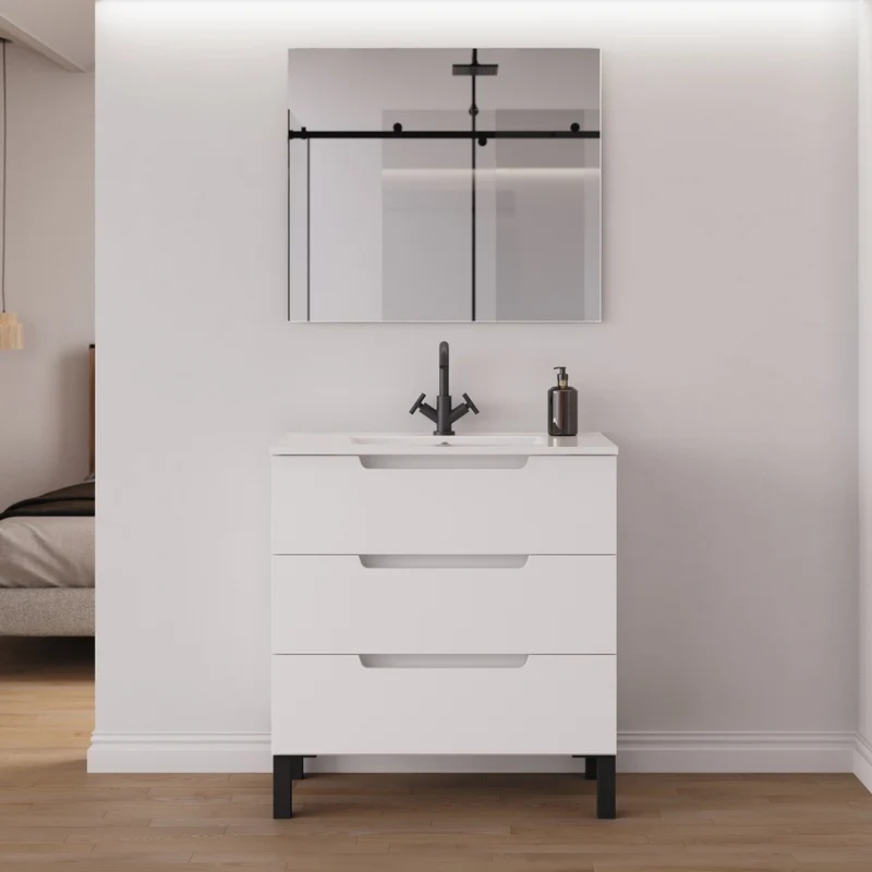Meuble de salle de bain 80cm simple vasque - 3 tiroirs - RIZA