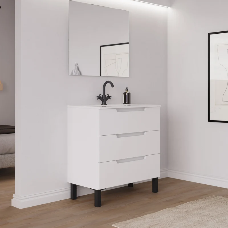 Meuble de salle de bain 80cm simple vasque - 3 tiroirs - RIZA
