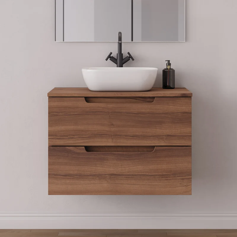 Meuble de salle de bain 60cm avec plateau et vasque à poser arrondie - 2 tiroirs - SONRIZA
