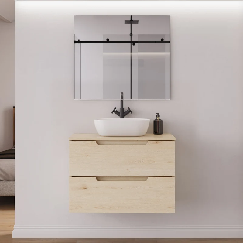Meuble de salle de bain 60cm avec plateau et vasque à poser arrondie - 2 tiroirs - SONRIZA