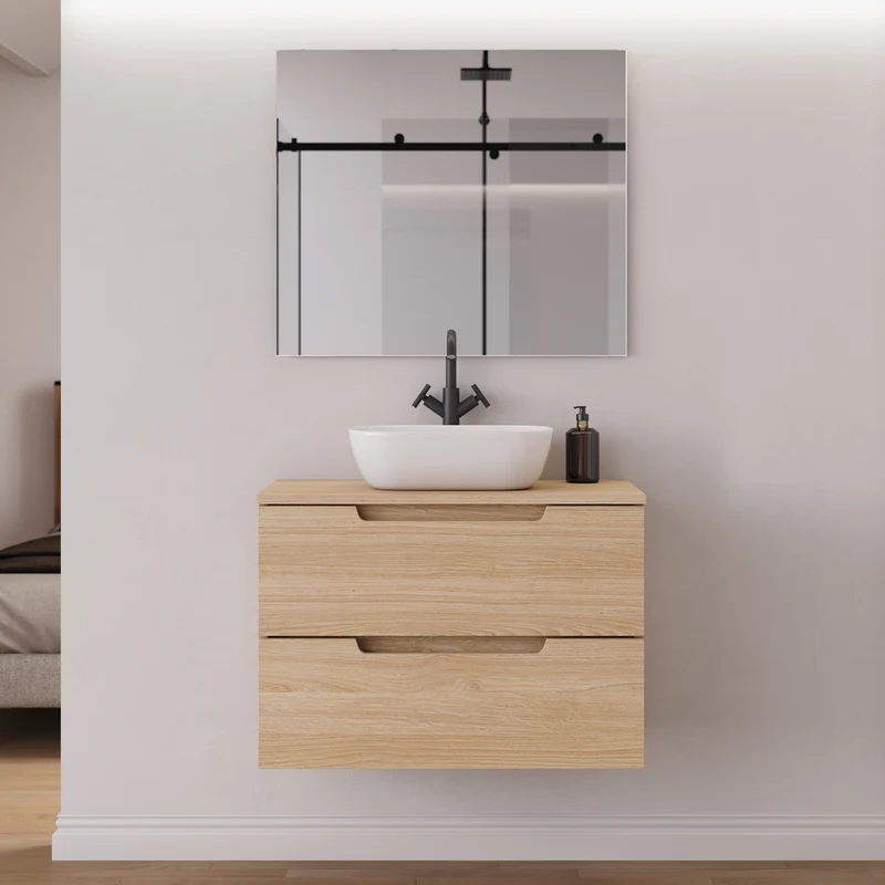Meuble de salle de bain 60cm avec plateau et vasque à poser arrondie - 2 tiroirs - SONRIZA