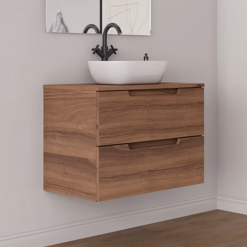 Meuble de salle de bain 60cm avec plateau et vasque à poser arrondie - 2 tiroirs - SONRIZA