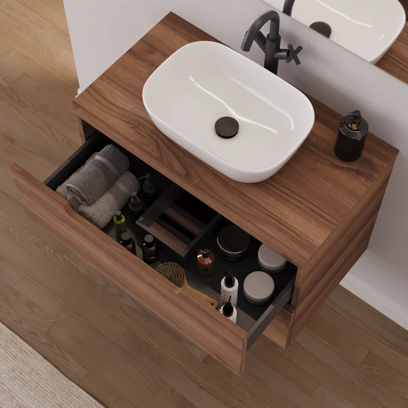 Meuble de salle de bain 60cm avec plateau et vasque à poser arrondie - 2 tiroirs - SONRIZA