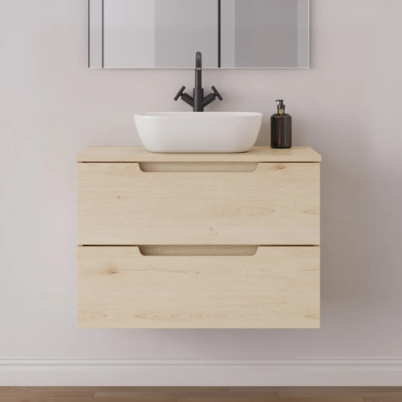 Meuble de salle de bain 60cm avec plateau et vasque à poser arrondie - 2 tiroirs - SONRIZA