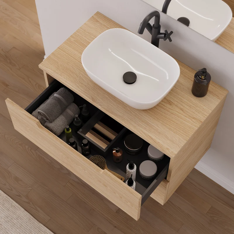 Meuble de salle de bain 60cm avec plateau et vasque à poser arrondie - 2 tiroirs - SONRIZA