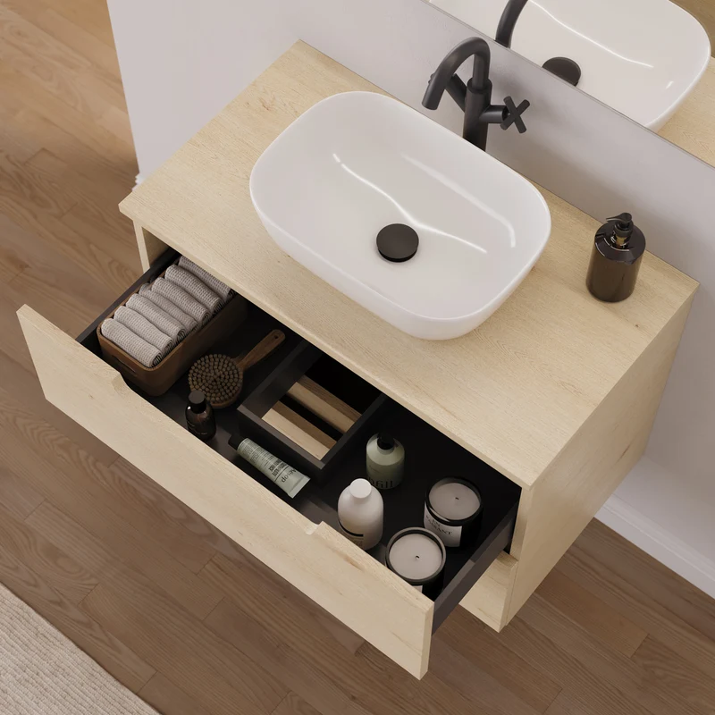 Meuble de salle de bain 60cm avec plateau et vasque à poser arrondie - 2 tiroirs - SONRIZA