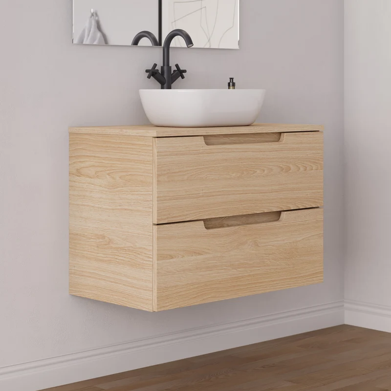 Meuble de salle de bain 60cm avec plateau et vasque à poser arrondie - 2 tiroirs - SONRIZA