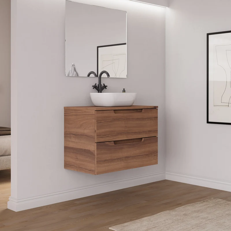 Meuble de salle de bain 60cm avec plateau et vasque à poser arrondie - 2 tiroirs - SONRIZA