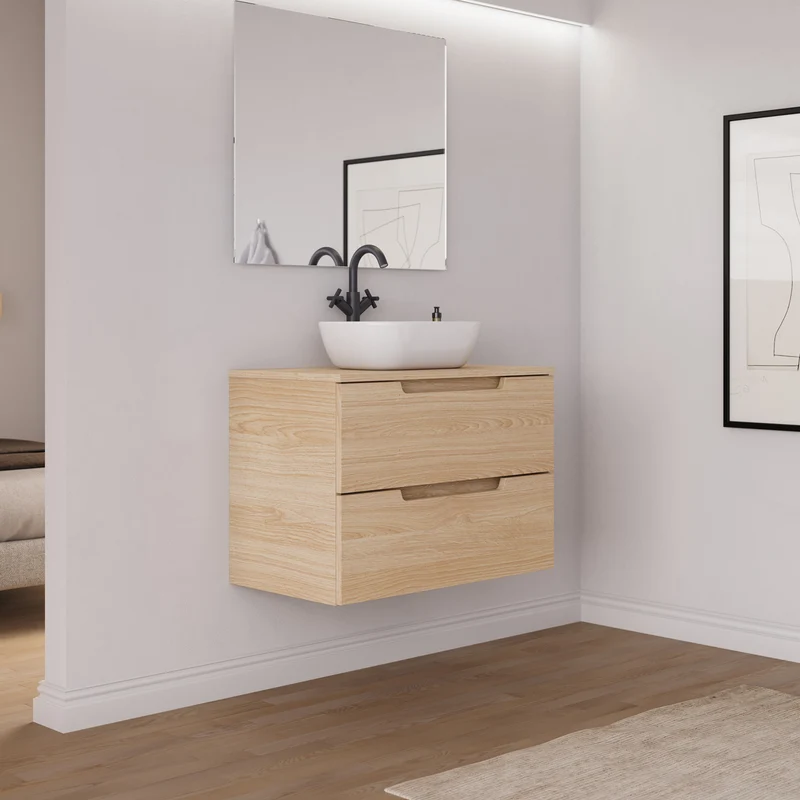 Meuble de salle de bain 60cm avec plateau et vasque à poser arrondie - 2 tiroirs - SONRIZA
