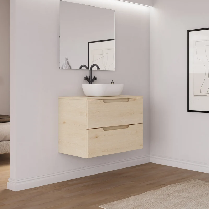 Meuble de salle de bain 60cm avec plateau et vasque à poser arrondie - 2 tiroirs - SONRIZA