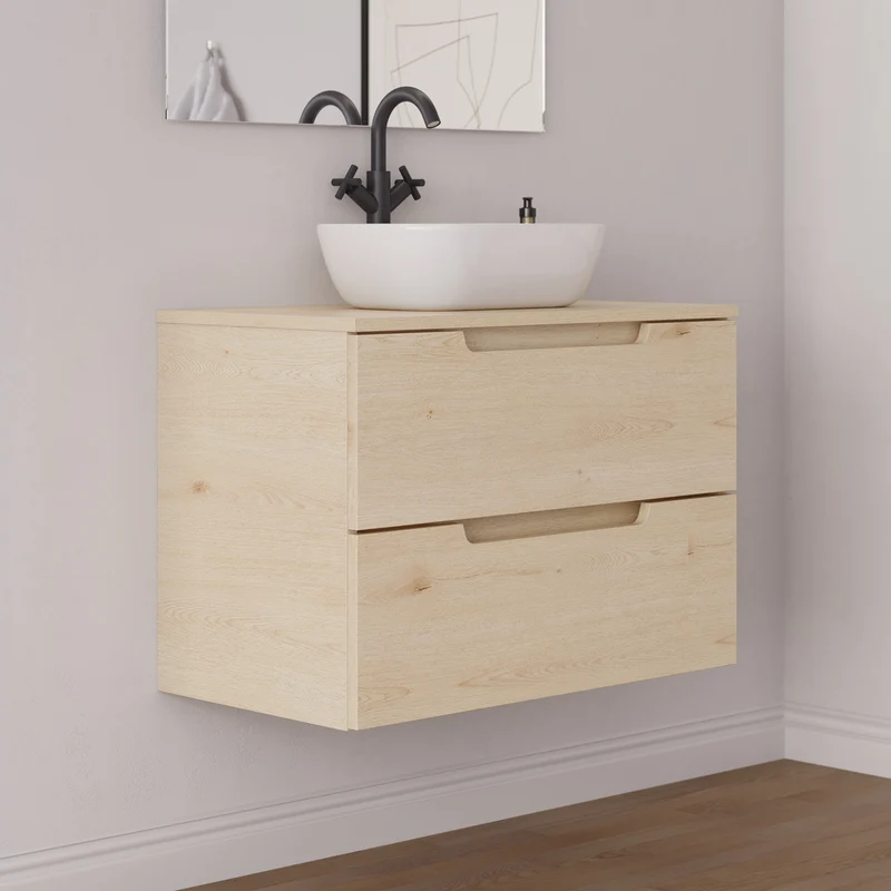 Meuble de salle de bain 60cm avec plateau et vasque à poser arrondie - 2 tiroirs - SONRIZA