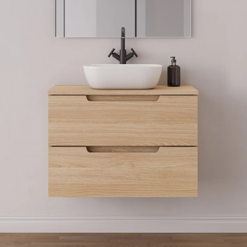 Meuble de salle de bain 60cm avec plateau et vasque à poser arrondie - 2 tiroirs - SONRIZA