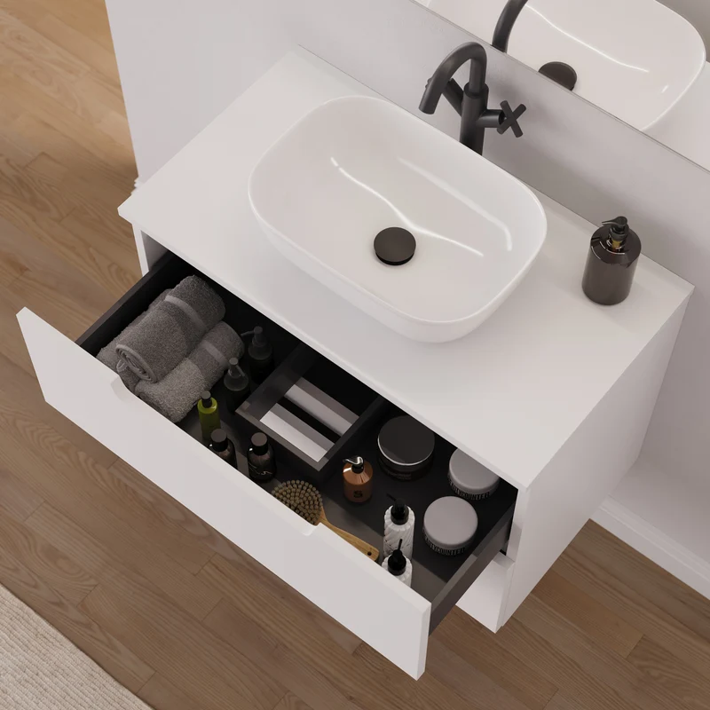 Meuble de salle de bain 60cm avec plateau et vasque à poser arrondie - 2 tiroirs - SONRIZA