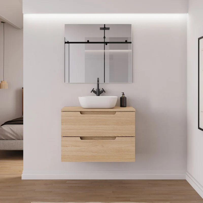 Meuble de salle de bain 60cm avec plateau et vasque à poser arrondie - 2 tiroirs - SONRIZA