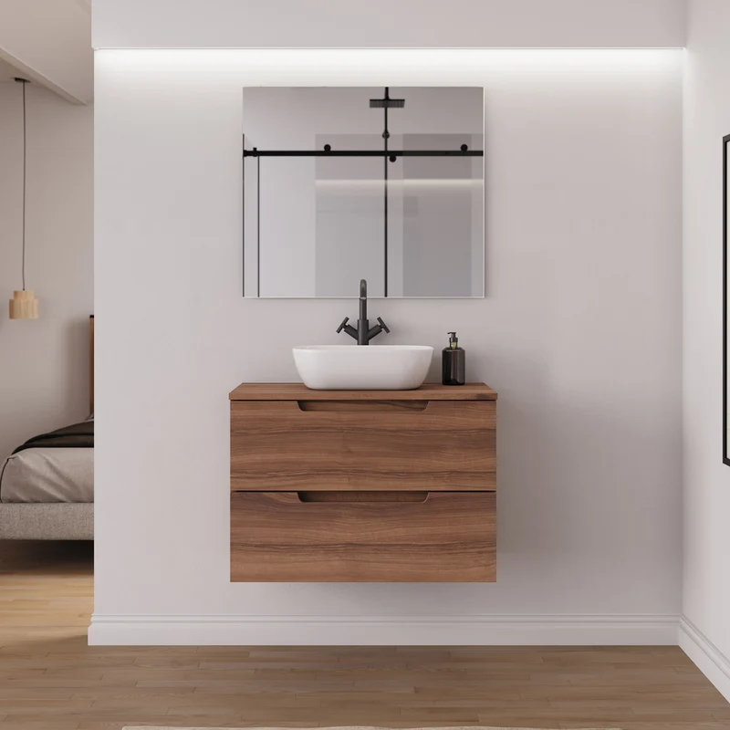 Meuble de salle de bain 60cm avec plateau et vasque à poser arrondie - 2 tiroirs - SONRIZA
