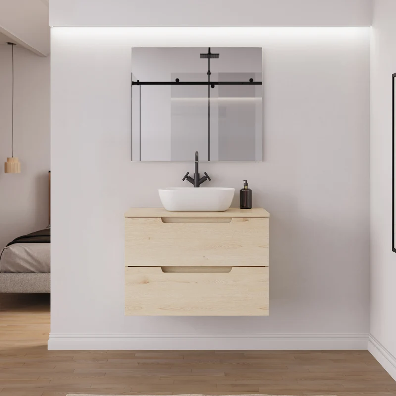 Meuble de salle de bain 60cm avec plateau et vasque à poser arrondie - 2 tiroirs - SONRIZA