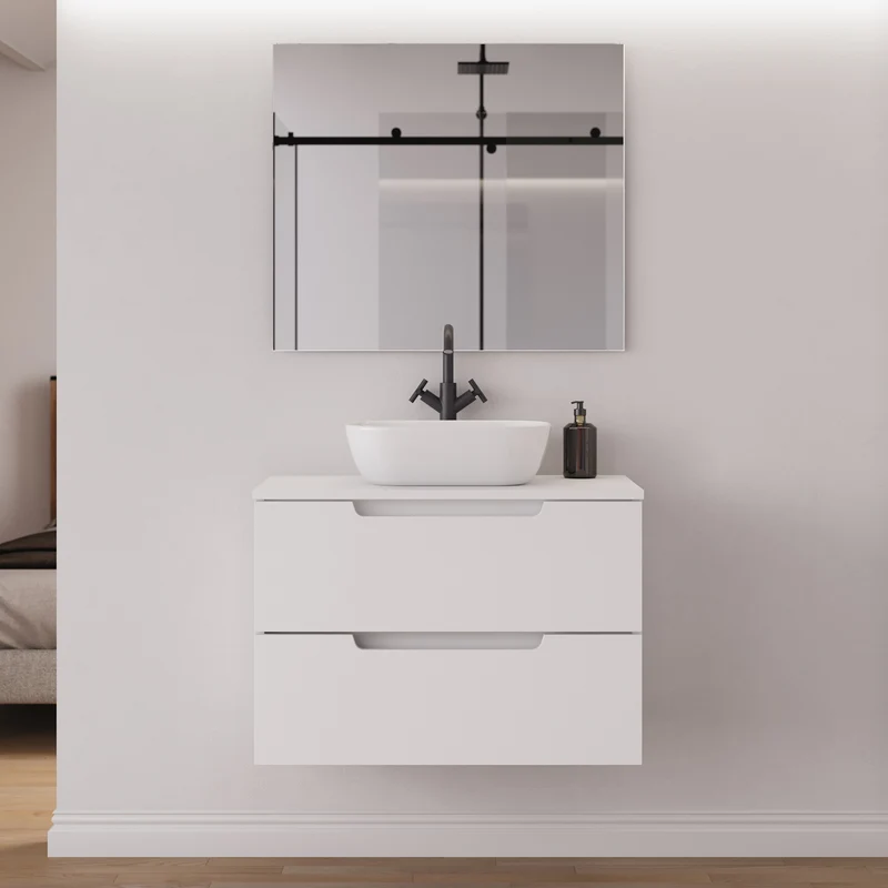 Meuble de salle de bain 60cm avec plateau et vasque à poser arrondie - 2 tiroirs - SONRIZA