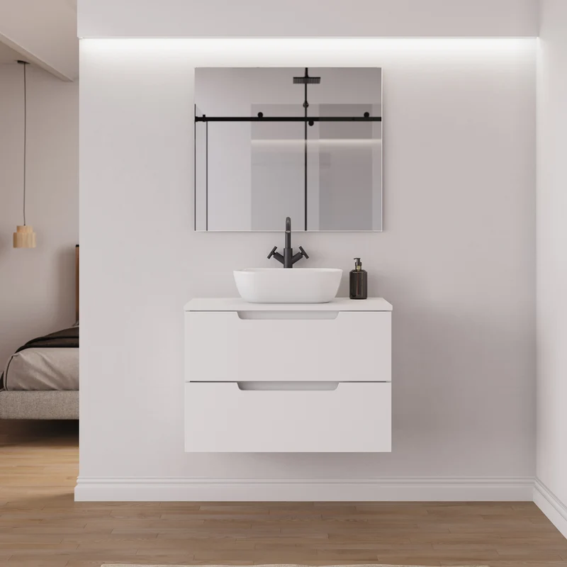 Meuble de salle de bain 60cm avec plateau et vasque à poser arrondie - 2 tiroirs - SONRIZA