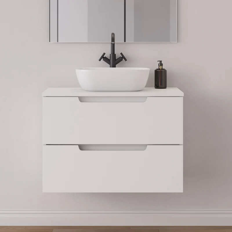 Meuble de salle de bain 60cm avec plateau et vasque à poser arrondie - 2 tiroirs - SONRIZA