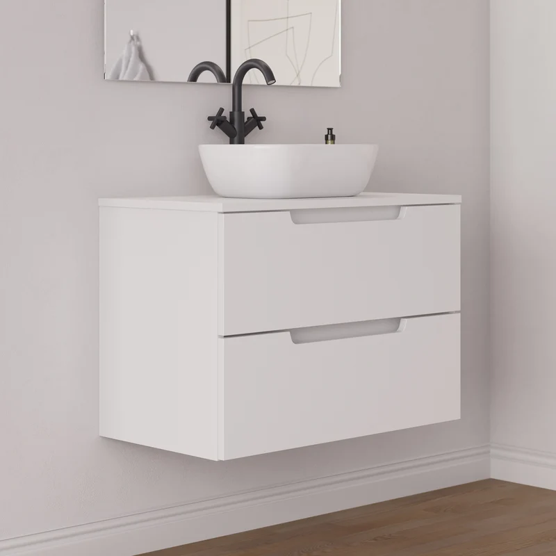 Meuble de salle de bain 60cm avec plateau et vasque à poser arrondie - 2 tiroirs - SONRIZA