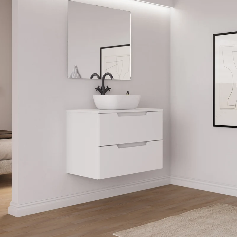 Meuble de salle de bain 60cm avec plateau et vasque à poser arrondie - 2 tiroirs - SONRIZA