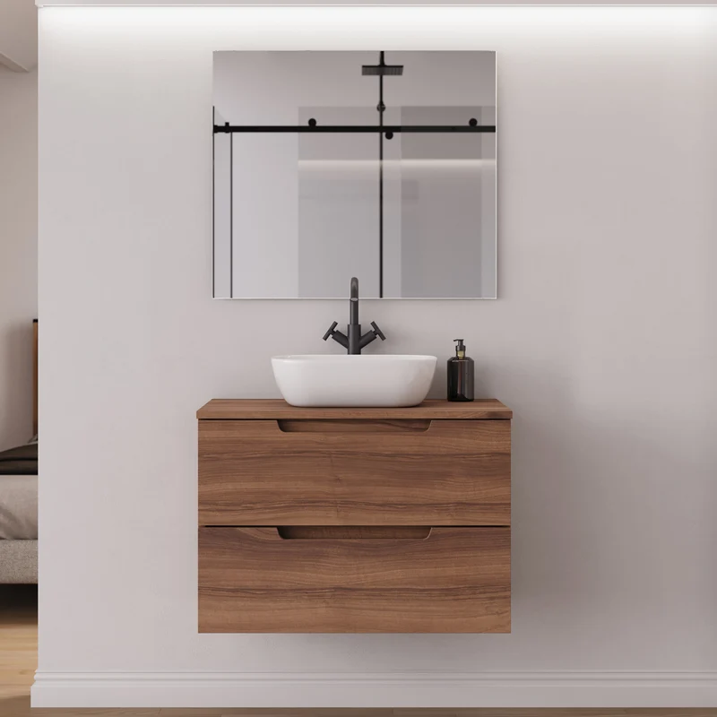 Meuble de salle de bain 60cm avec plateau et vasque à poser arrondie - 2 tiroirs - SONRIZA