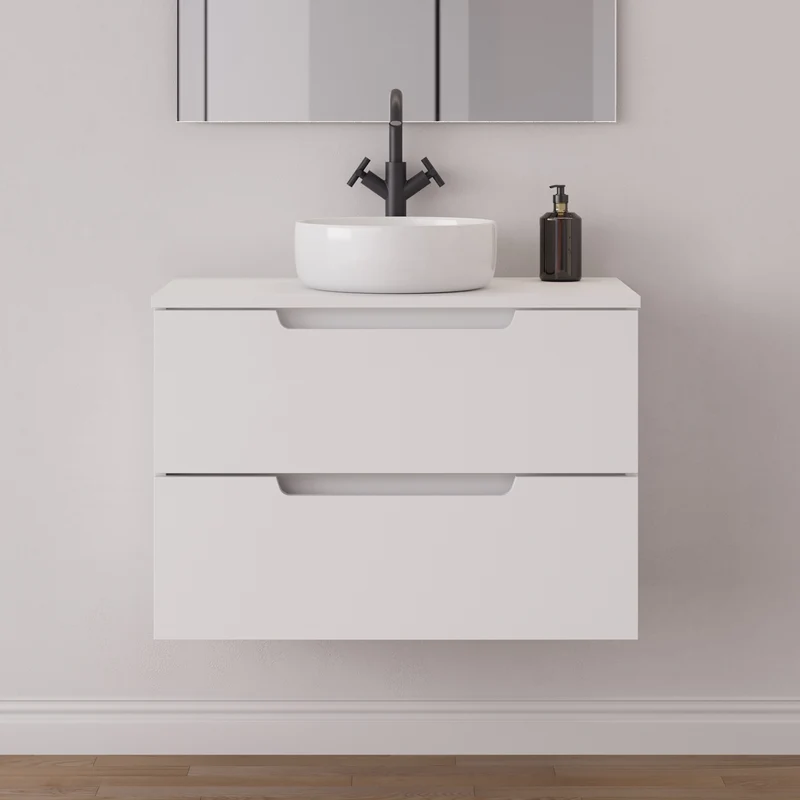 Meuble de salle de bain 80cm avec plateau et vasque à poser ronde - 2 tiroirs - sans miroir - SONRIZA
