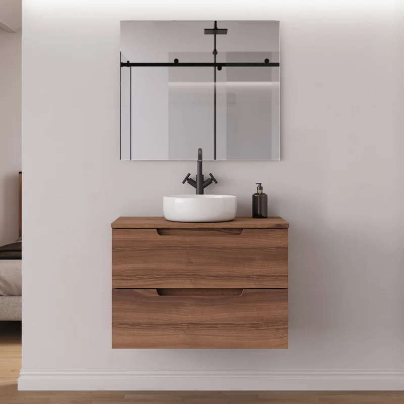 Meuble de salle de bain 80cm avec plateau et vasque à poser ronde - 2 tiroirs - SONRIZA