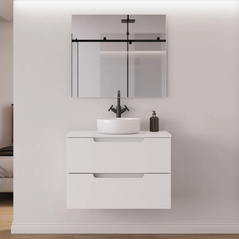 Meuble de salle de bain 80cm avec plateau et vasque à poser ronde - 2 tiroirs - SONRIZA