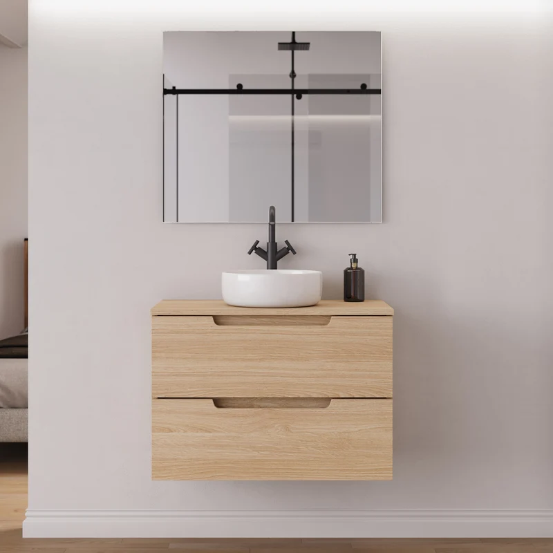 Meuble de salle de bain 80cm avec plateau et vasque à poser ronde - 2 tiroirs - SONRIZA