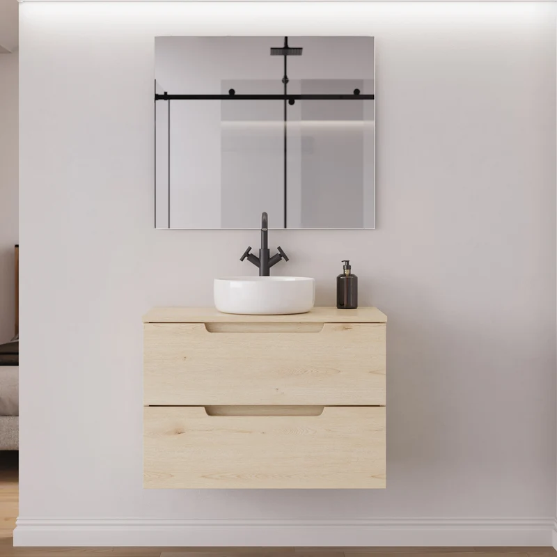 Meuble de salle de bain 80cm avec plateau et vasque à poser ronde - 2 tiroirs - SONRIZA