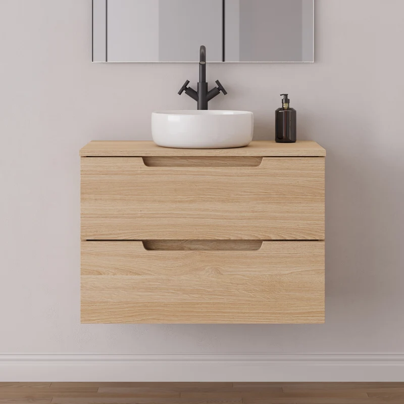 Meuble de salle de bain 80cm avec plateau et vasque à poser ronde - 2 tiroirs - sans miroir - SONRIZA